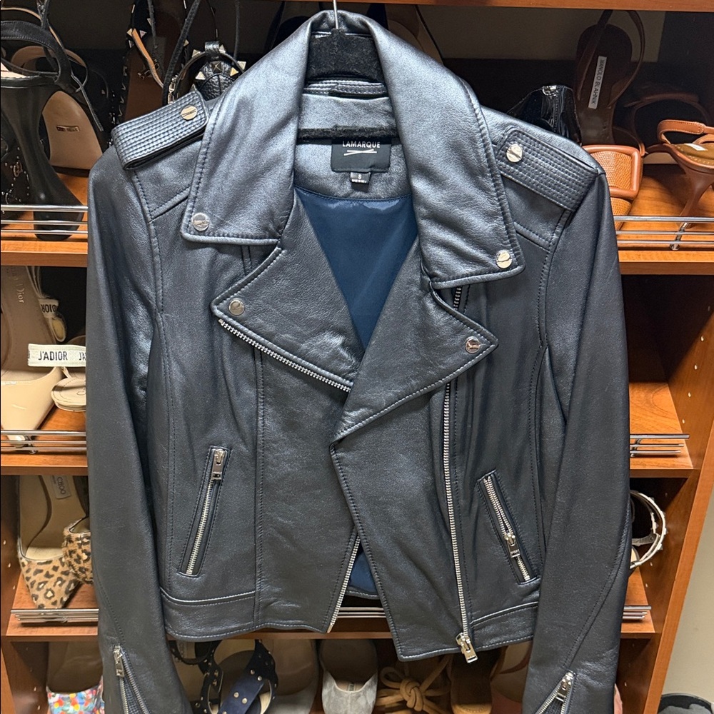 Lamarque leather biker jacket / slate blue